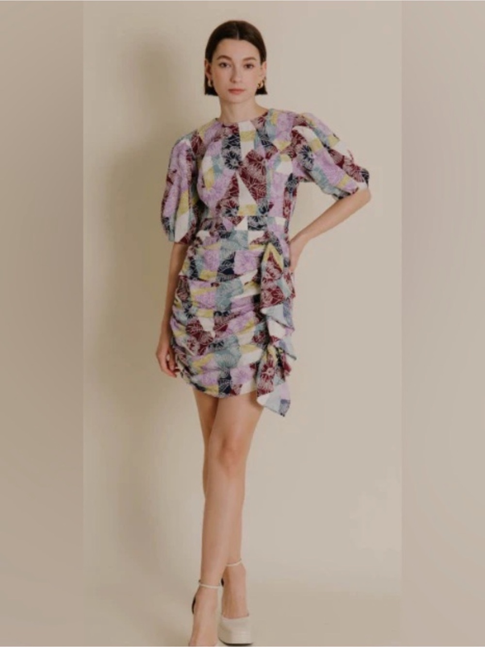 AUREUM Multicolor Patchwork Puff-Sleeve Mini Dress with Ruffle